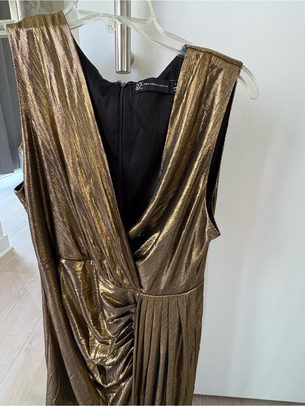 New York & Company Metallic Gold Draped Mini Dress size L - Picture 4 of 4